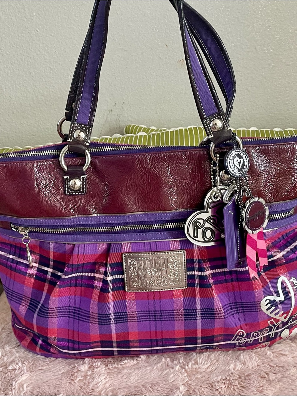 Women's Purple Plaid Tote Bag with Burgundy Trim